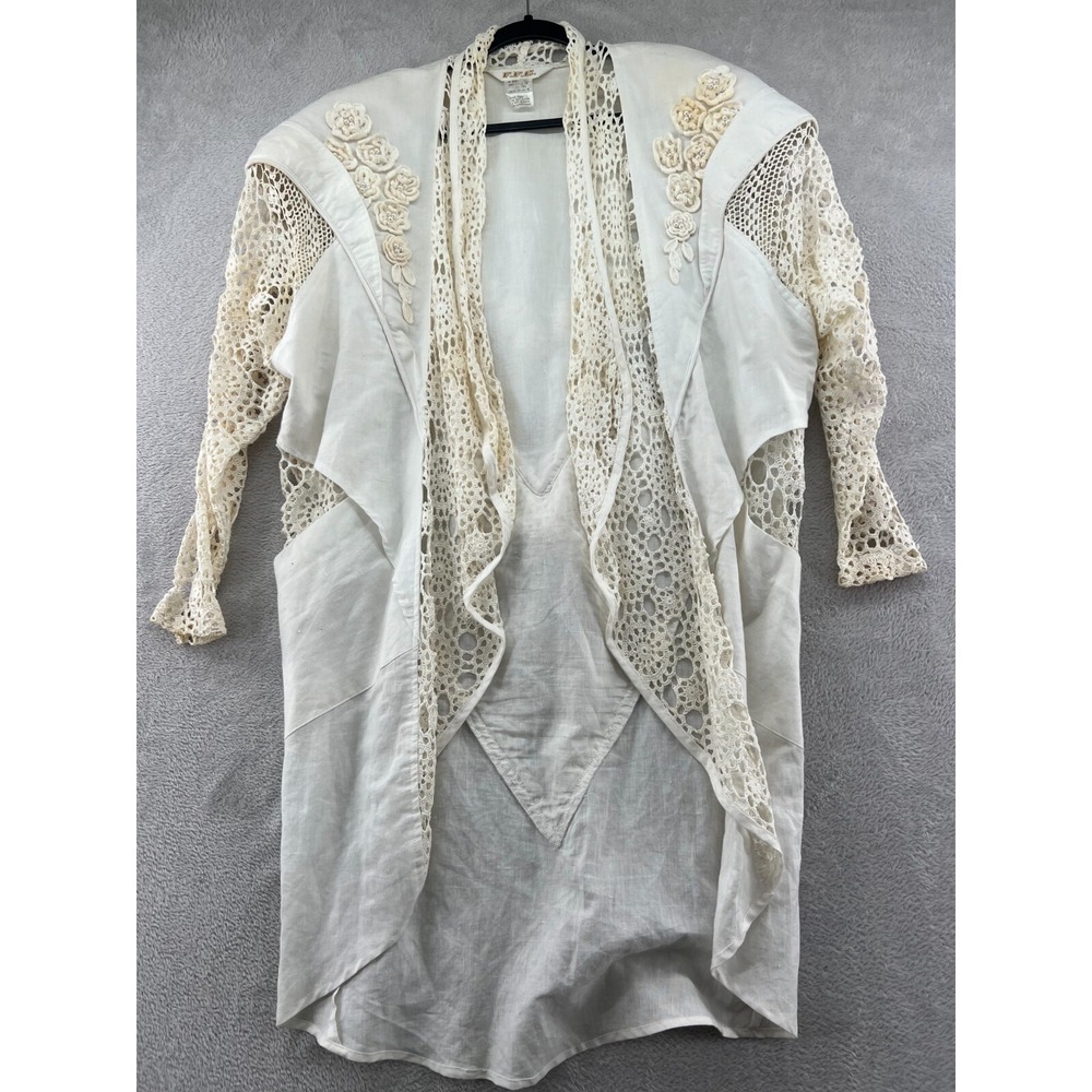 VTG FFC Jacket Womens S Beige LINEN OVERSIZED Embroidered Crochet Batwing Dolman
